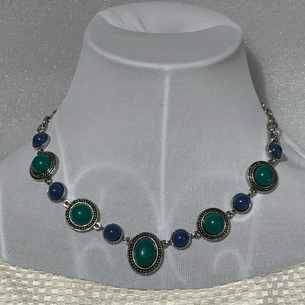 Paparazzi Silver Chain Necklace With Green and Blue Beads